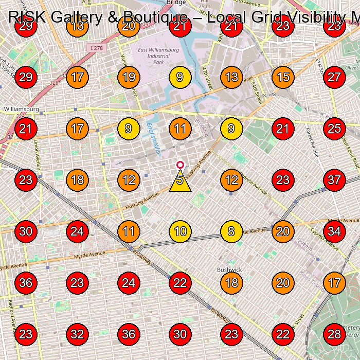 RISK Gallery & Boutique GeoGrid visibility map for Vintage Clothing Store in Brooklyn
